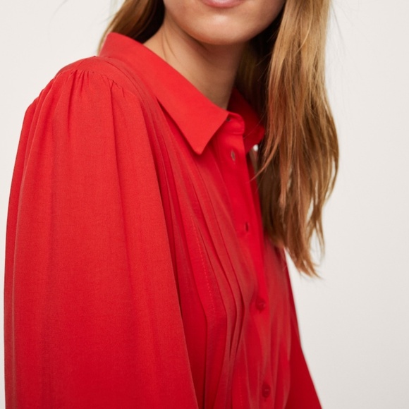 Red Pleated Button Down Shirt Midi Dress - Picture 5 of 7